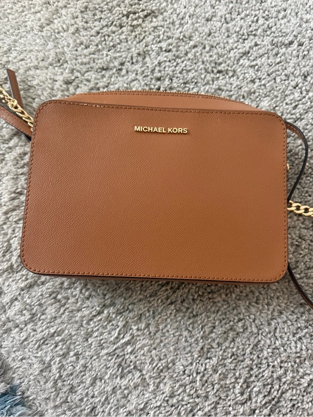 MICHAEL KORS Tan Saffiano Leather Crossbody with Gold Chain